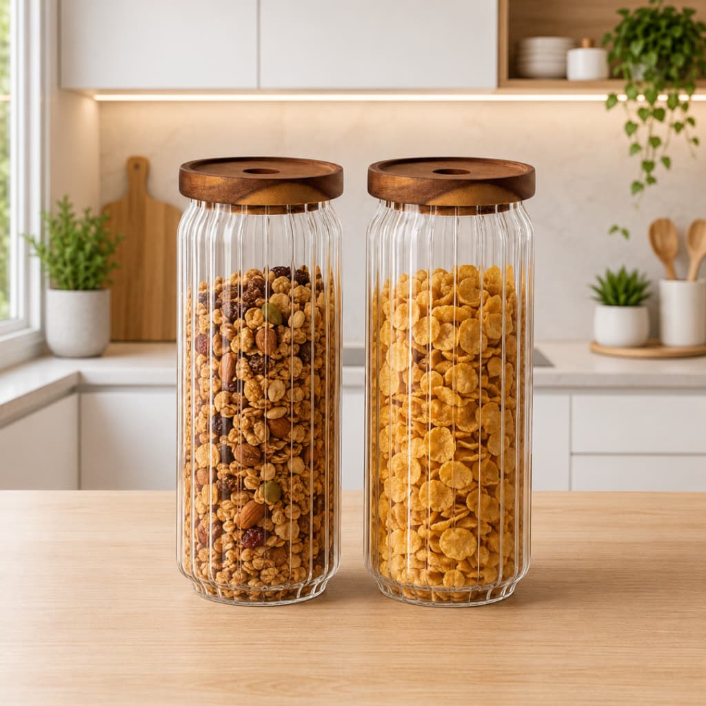 2 Potes de Vidro Borossilicato 1100ml Hermético Canelado Tampa Madeira Acácia Porta Mantimentos Premium