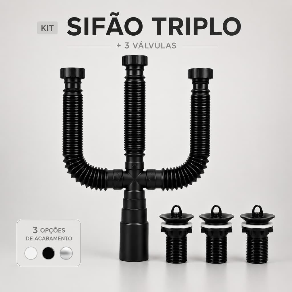 Kit Sifão Triplo Flexível Universal Para Pia + 3 Válvulas Para Cozinha Área Gourmet Lavanderia