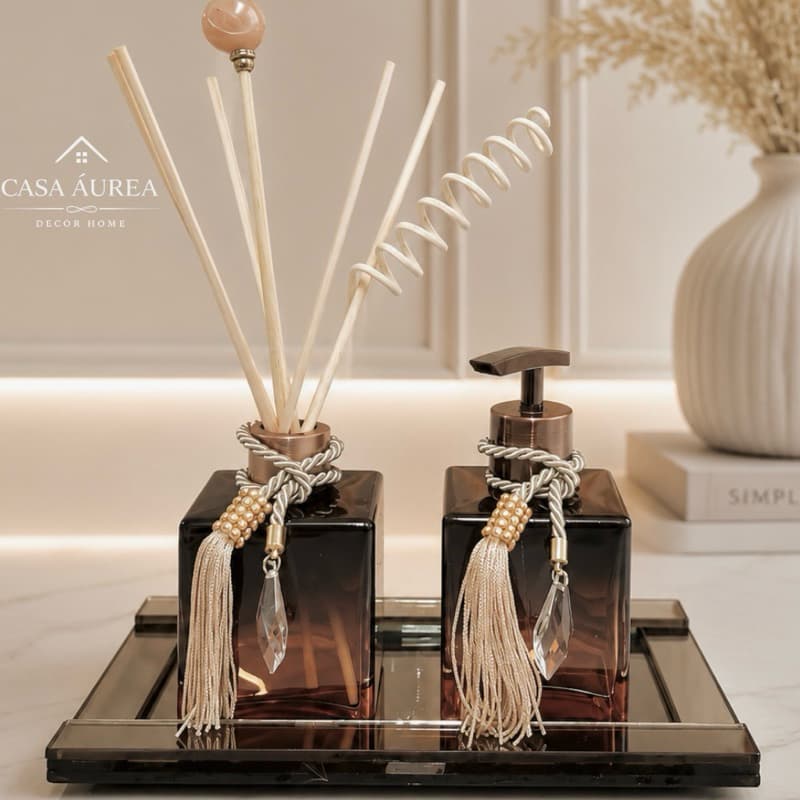 Decoração Banheiro Aromatizador Ambinete Difusor Varetas Saboneteira Bandeja Luxo Espelhada Bronze