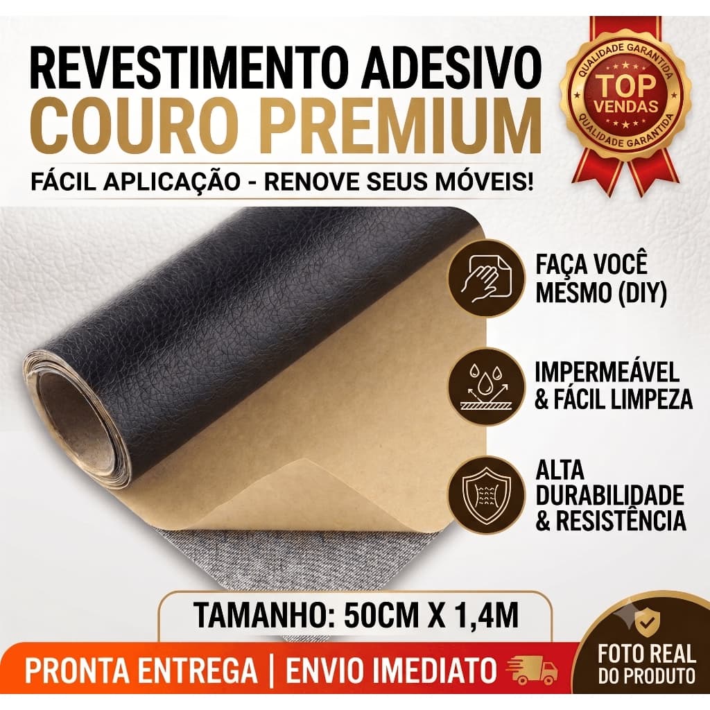 Couro Auto Adesivo Para Reparo De Sofás Bancos E Móveis Sintético Premium Impermeável 50cm X 1,4m