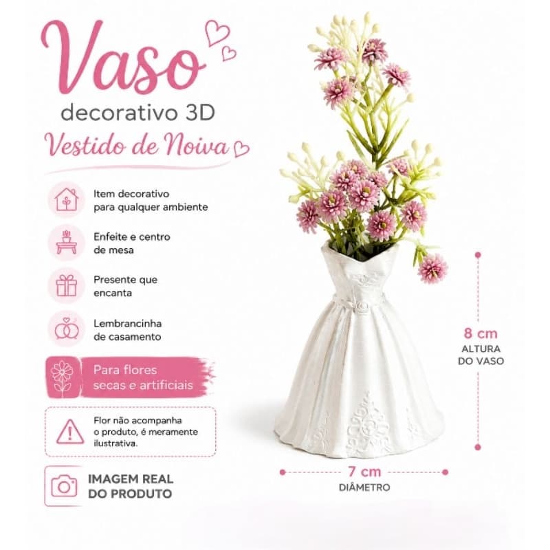 Vaso Vestido de Noiva 3D Decorativo para Flores Secas e Artificiais | Centro de Mesa Casamento Lembrancinha Presente