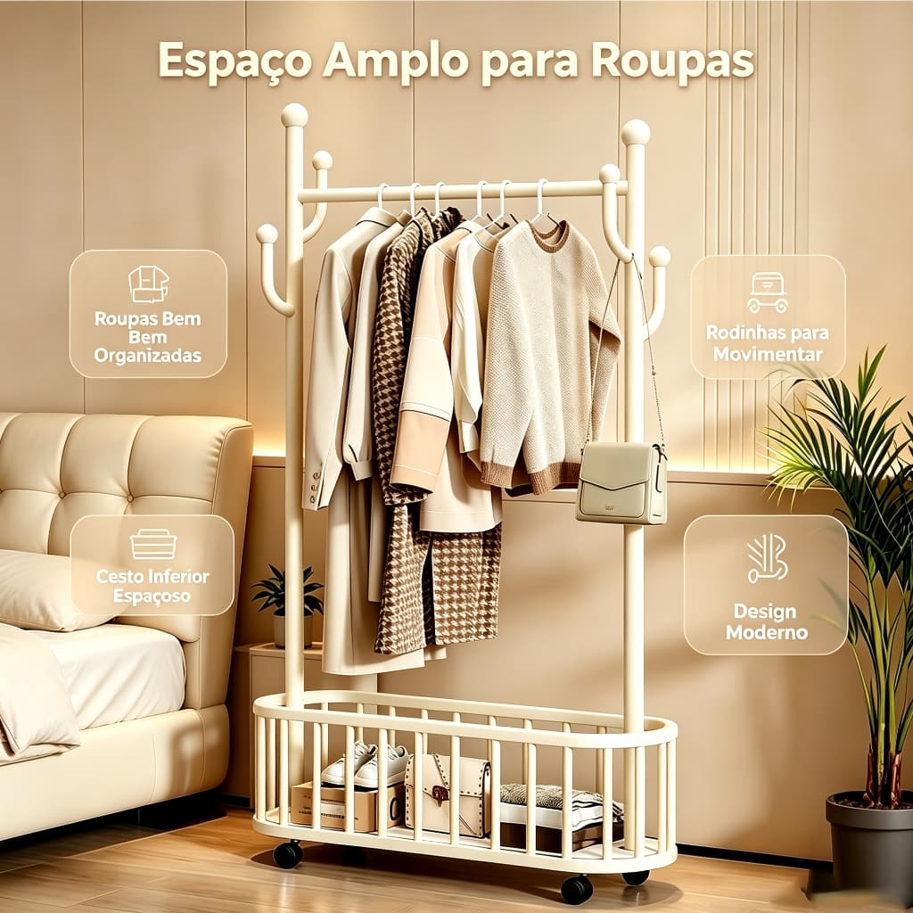 Arara de Roupas Cabideiro com Rodas, Cesto Organizador e Ganchos para Organizar Quarto e Entrada