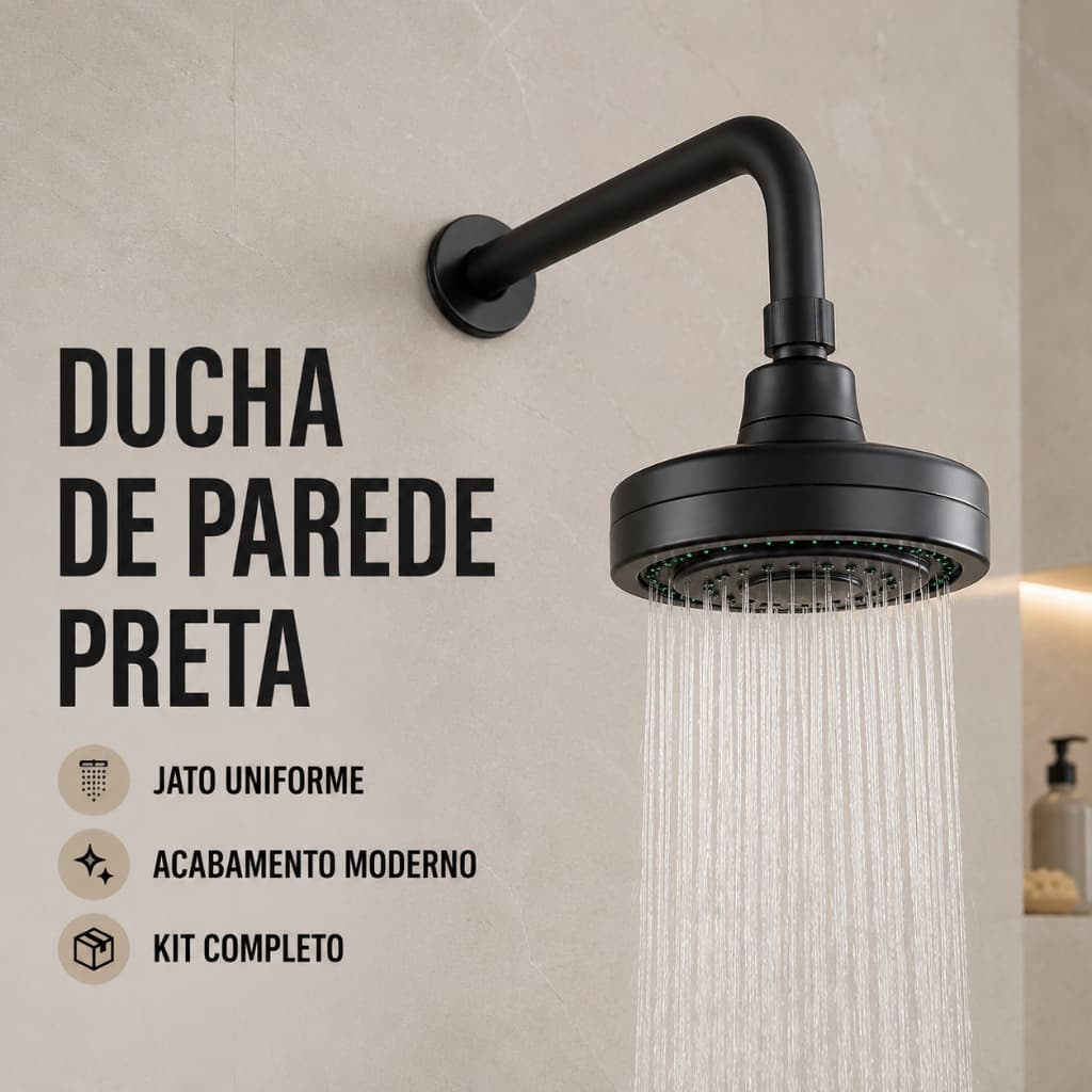 Ducha Redonda Preta Fosca de Parede com Braço Aço Inox ABS para Banheiro Jato Uniforme