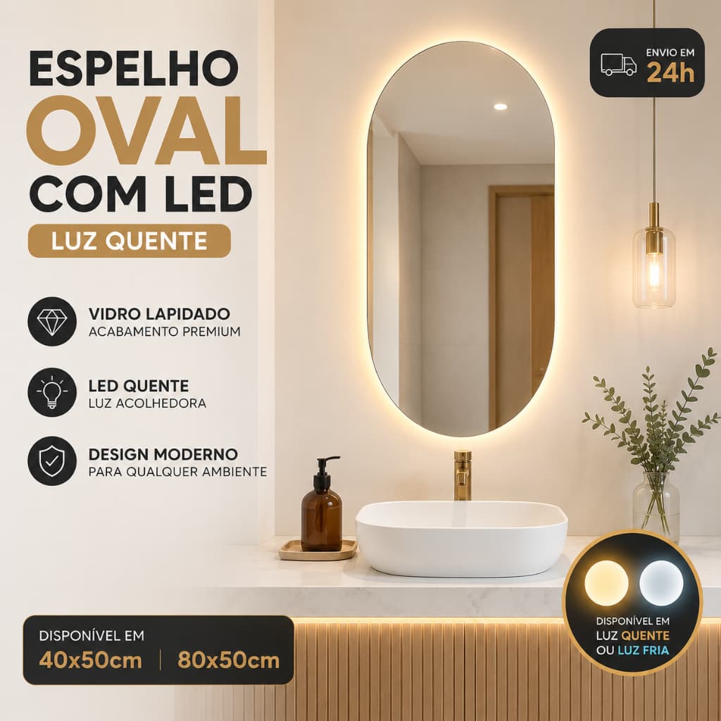 Espelho Oval com LED Retroiluminado Banheiro Lavabo Hall Quarto Closet Luz Quente ou Fria