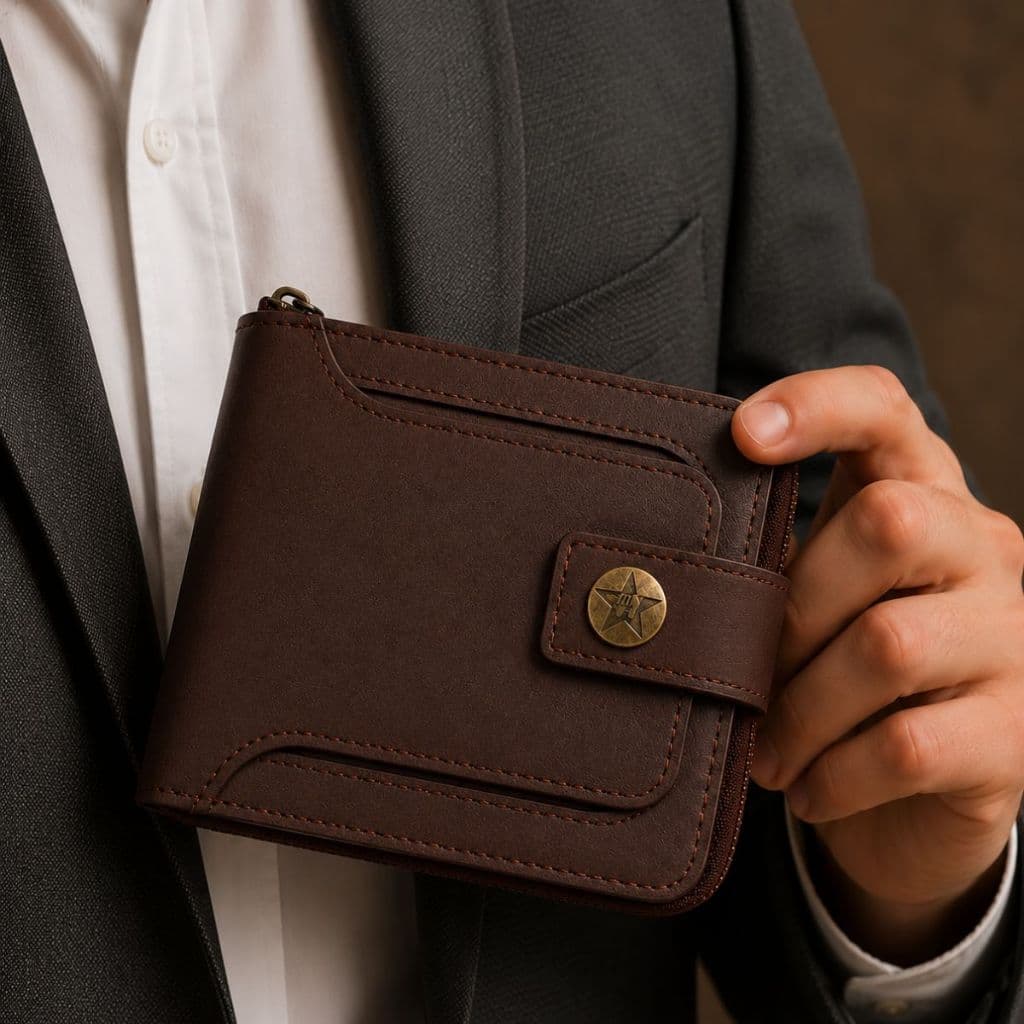 Carteira Masculina Couro Elegante e Estilosa Com Porta Cartões Bolso de Zíper para Moedas Dinheiro Conforto  Alto Padrão