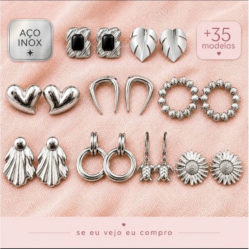 Brinco feminino aço inox Estrela Gota Folha Flor Coração Strass Pérola antialérgico prata não escurece