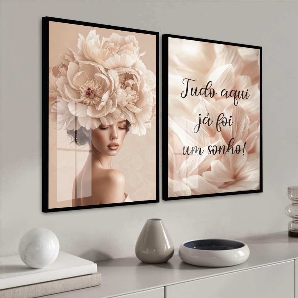 Kit Quadros Duas Peças Decoração Quarto Sala Escritório Mulher Flores Na Cabeça Tons Delicados