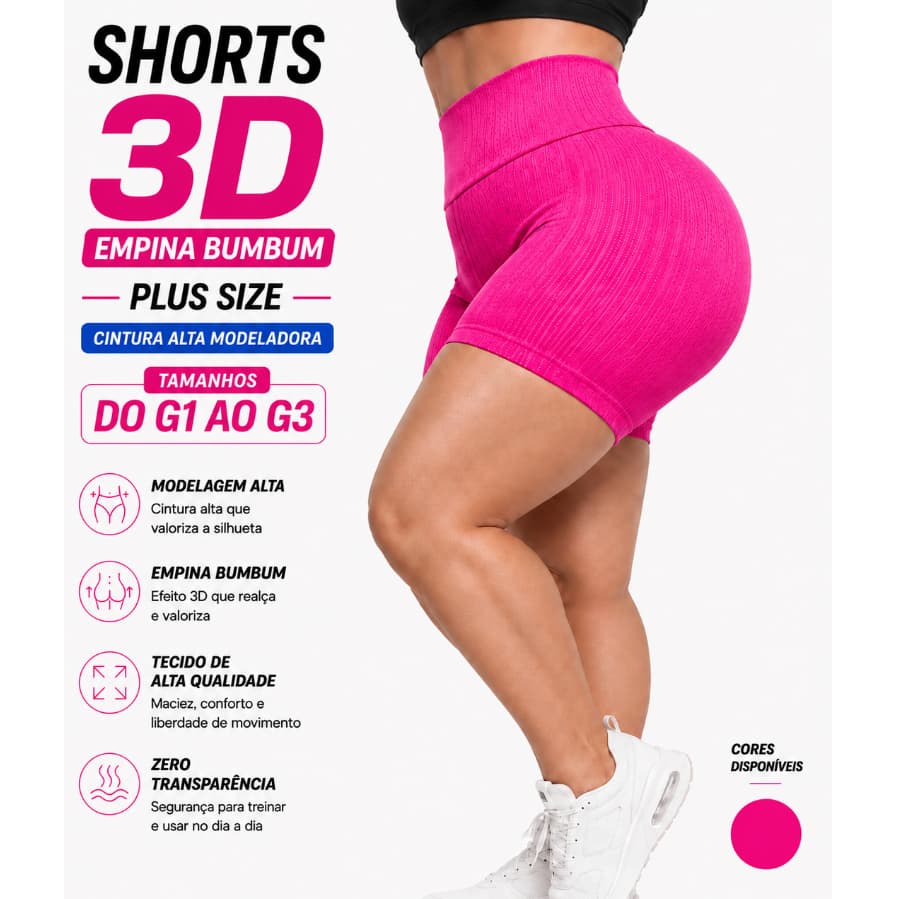 Short Feminino Suplex 3D Plus Size Cintura Alta Academia Fitness