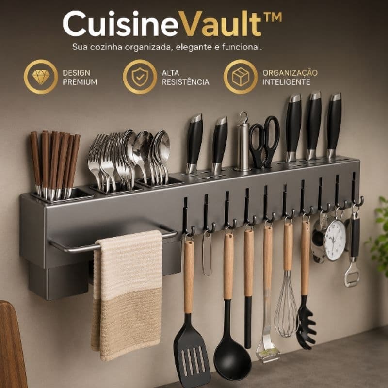 Suporte Organizador  CuisineVault™ Cozinha 10 Ganchos Economiza Espaco Facil Acesso Cinza