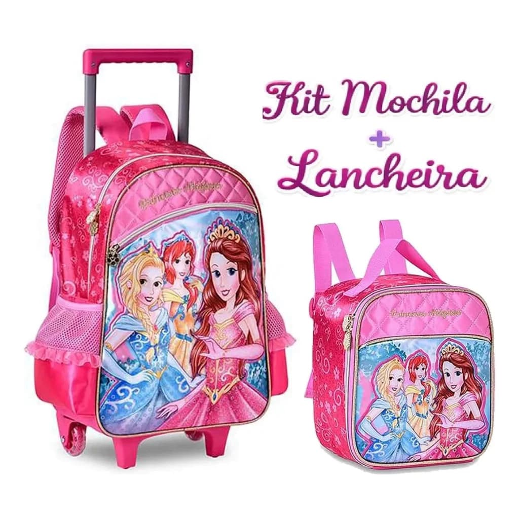 Kit de Mochila Princesas de Rodinha e Lancheira Infantil Feminina Menina Clio Style