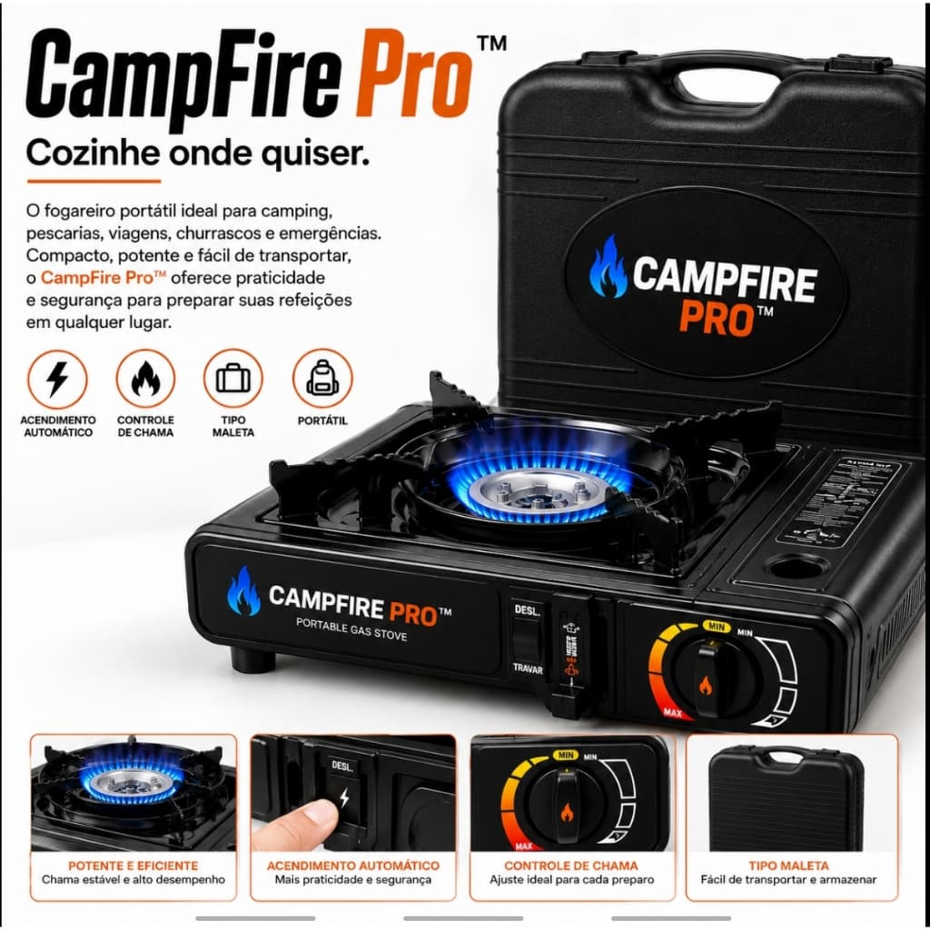 Fogareiro Portátil CampFire Pro™ com Acendimento Automático Tipo Maleta para Camping Churrasco Cozinha Pesca Viagem