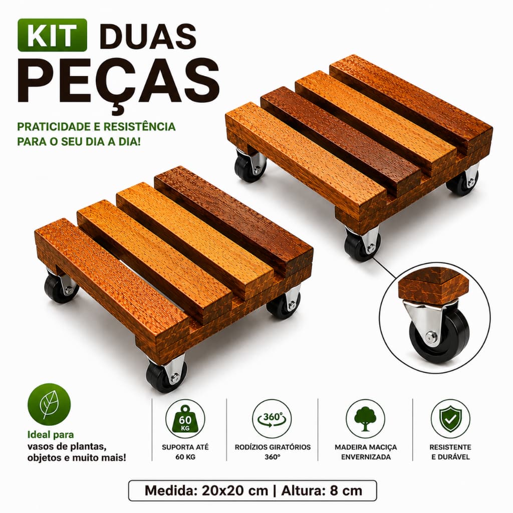 Kit 2 Suportes de Madeira Para Vasos Plantas Com Rodinhas Giratória Para Vaso De Planta, Botijão, Galão de água 20x20cm