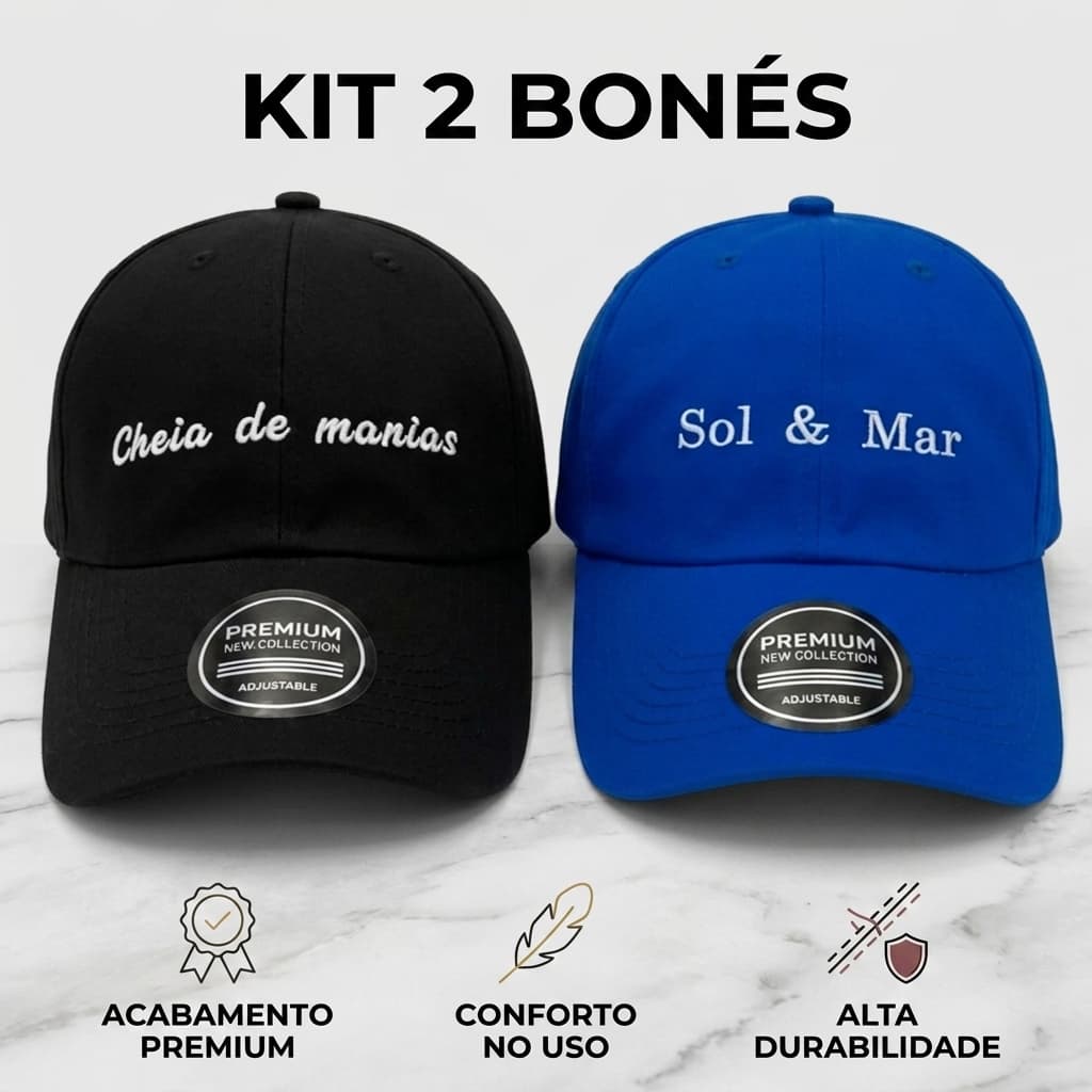 Kit 2 Boné Cheia de Manias Sol & Mar Preto Azul Royal Aba Curva Casual Premium Feminino Top