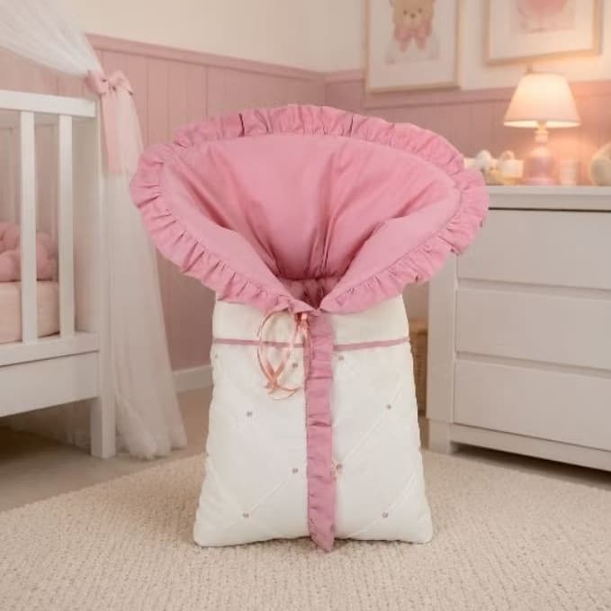 Porta Bebê Saco Dormir Acolchoado Babado Tecido Pique Palha E Rose Fechamento C/ Zíper 100% Algodão