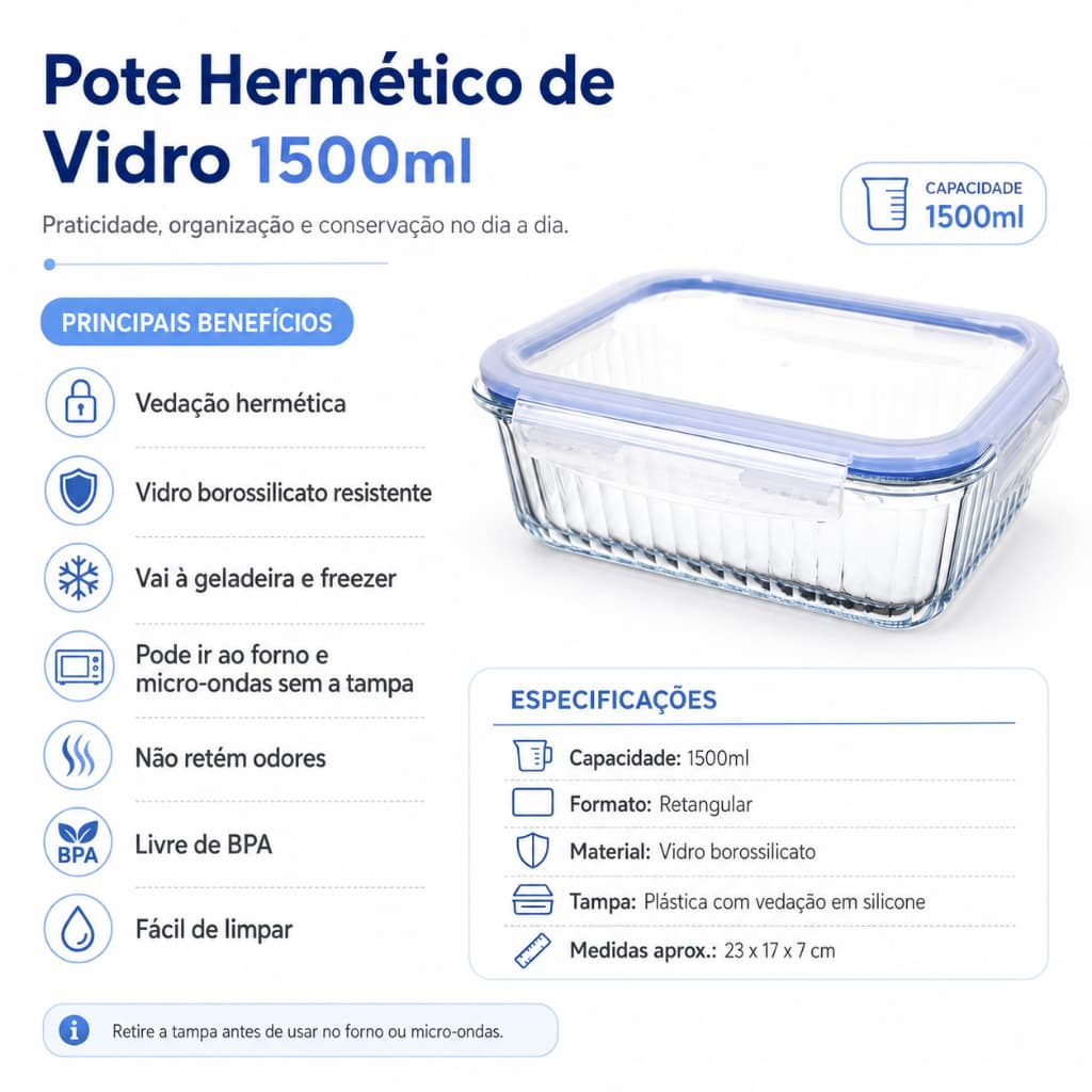 🍱 Pote de Vidro Hermético 1500ml Borossilicato Retangular com Tampa e Travas para Marmita e Alimentos
