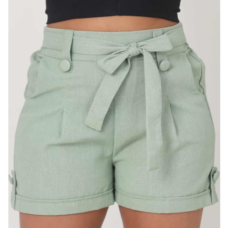 Short Bermuda Feminino Em Linho Cintura Alta Moda Verao