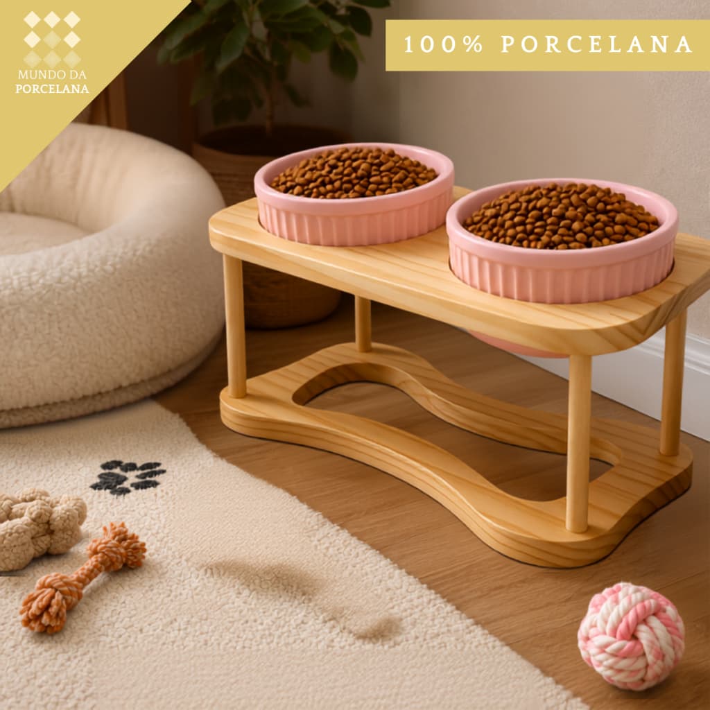 Comedouro Duplo Porcelana Elevado Gato Cão Cachorro Bebedouro Petshop