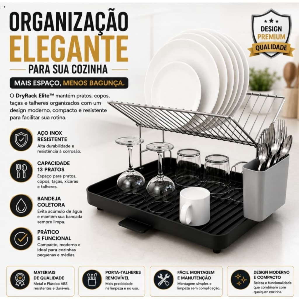 Escorredor de Pratos Aço Inox com Porta Talheres Removível Bandeja Coletora DryRack Elite™ 13 Pratos