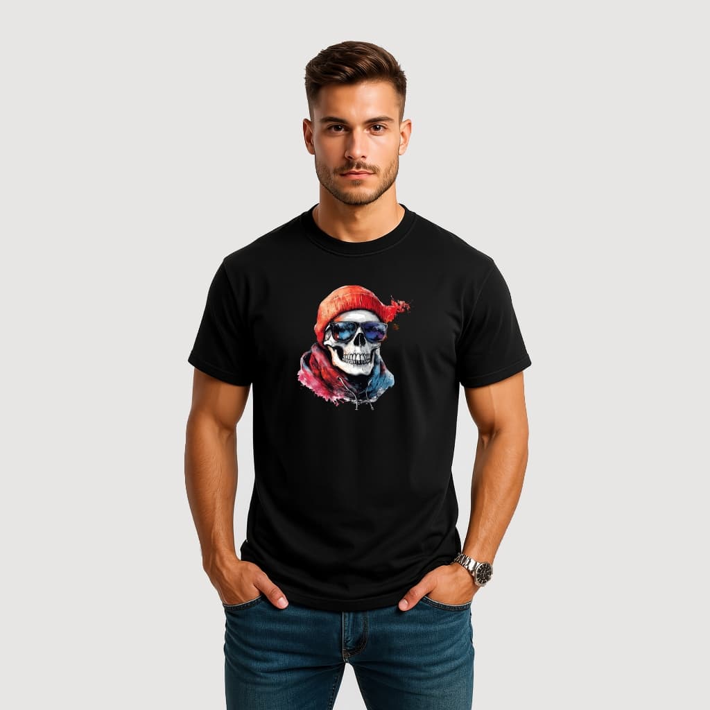 CAMISETA MASCULINA ALGODÃO CAVEIRA OCULOS TOUCA MOLETOM