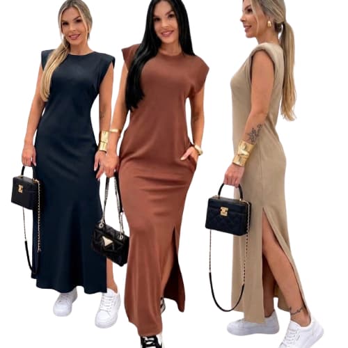 Vestido Longo Feminino Canelado Ribana Casual Básico com Fenda Lateral e Regata Muscle Moda Gringa