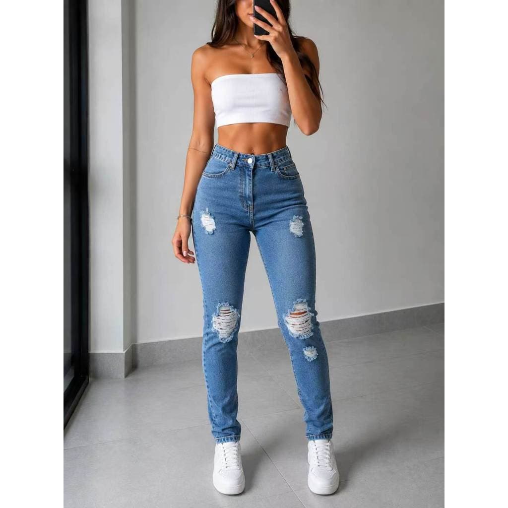 Calça Jeans Feminina Mom Destroyed Cintura Alta Lavagem Escura Casual Fashion Premium