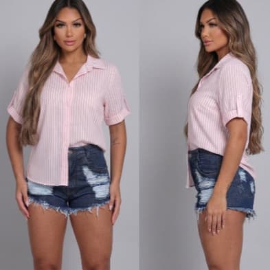 Camisa Social femenina estilo MANGA CURTA estampado LISTRADa fina.