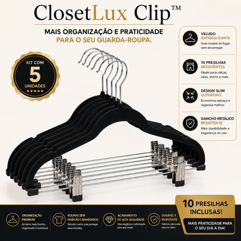 Kit 5 Cabides de Veludo Slim com Presilhas Antideslizante Preto Cabide para Calça Saia Short Organizador ClosetLux Clip™