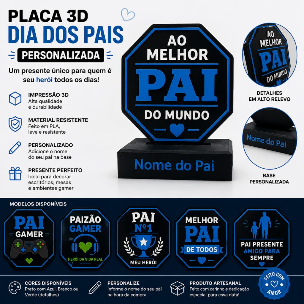Placa Decorativa Personalizada Dia dos Pais Com Nome Impressa em 3D Presente para Pai Gamer ou Clássico
