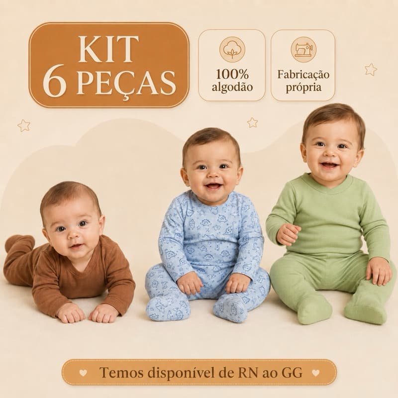 kit 6 Peças de Pijamas com Pezinho Bebê Menino RN ao GG
