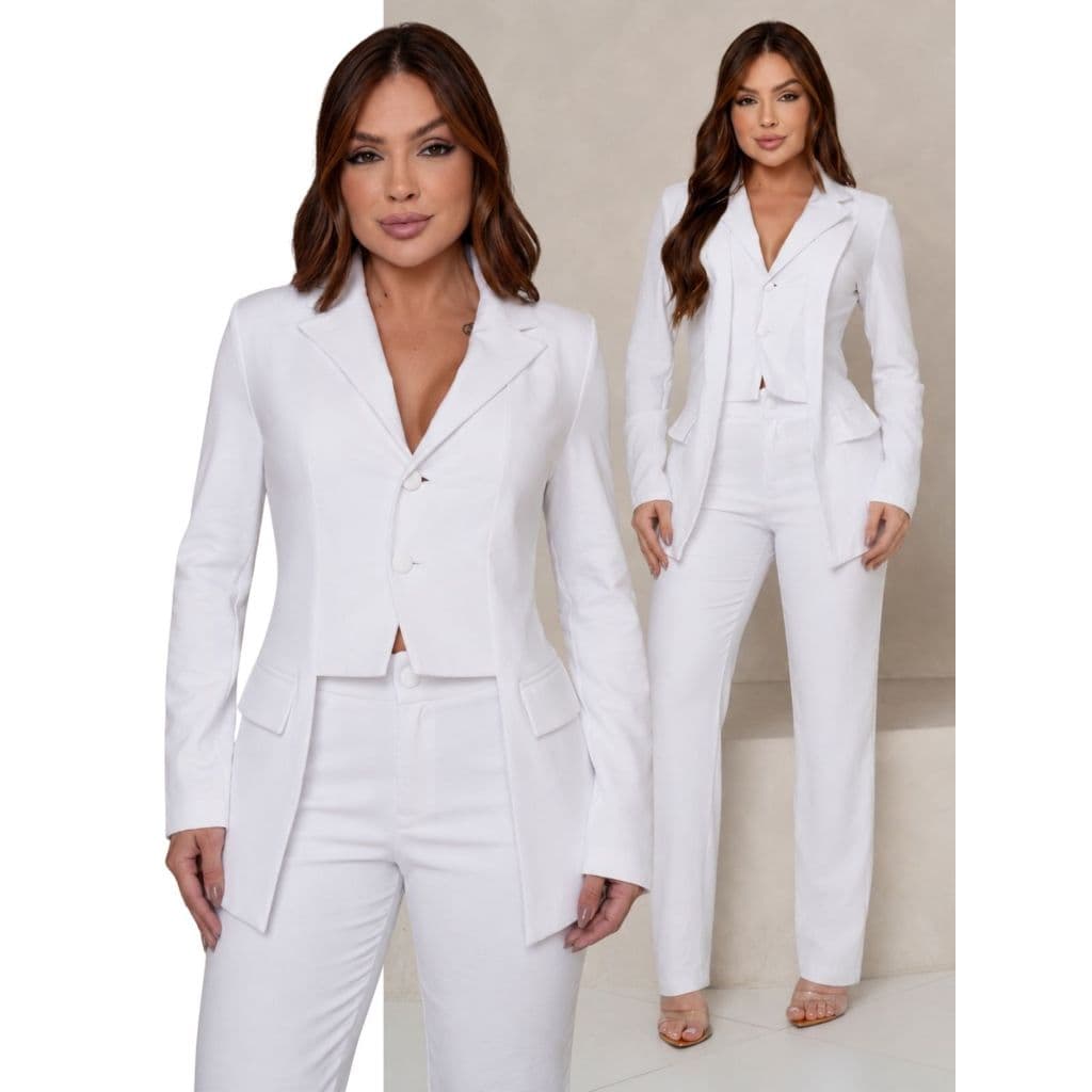 Conjunto Feminino Elegante Blazer Cropped Duplo e Calça Alfaiataria de Cintura Alta Marrant