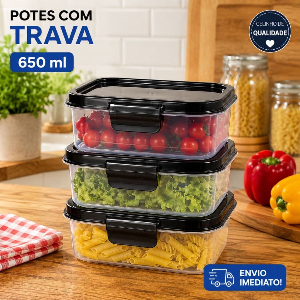 Kit Com 6 Potes 650ml Tampa Com Trava Marmita Fitness Freezer Microondas Lavavel Resistente Duravel