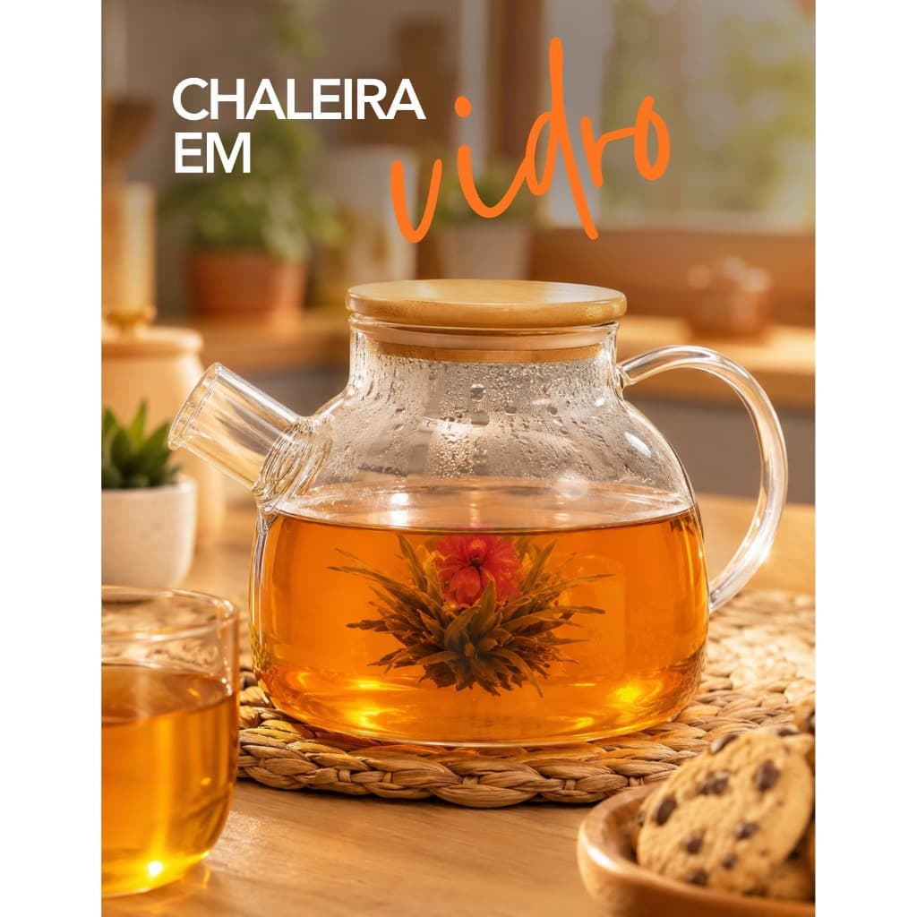 Chaleira De Vidro Borossilicato Com Bico Coador Tampa de Bambu Premium Cozinha 1l