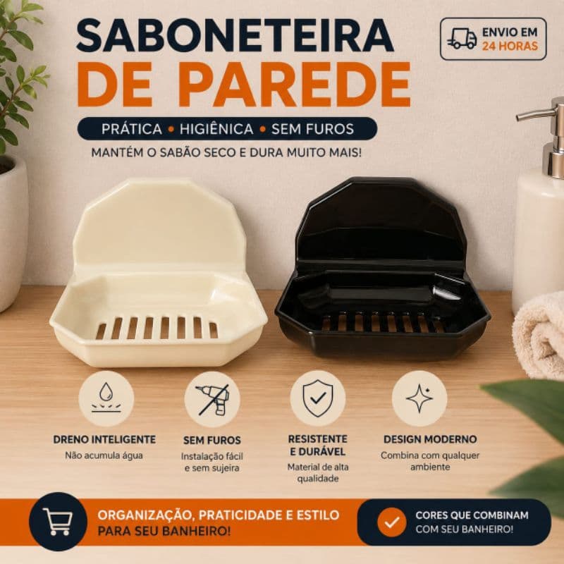 Saboneteira de Parede com Dreno Porta Sabonete Sem Furos Autoadesiva Banheiro Cozinha Organizador Sabão