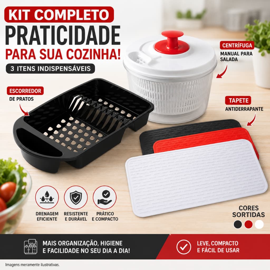 Kit Cozinha Secador Manual para Salada Escorredor de Pratos com Tapete Antiderrapante Compacto Portátil Cor Sortida