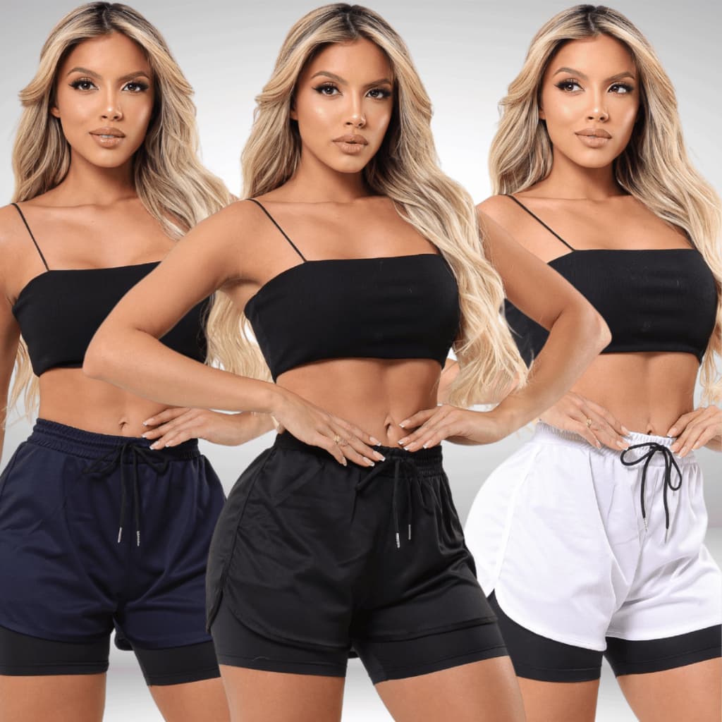 KIT 3 Short Duplo Compreensão Fitness Bermuda Academia Feminino 2 em 1