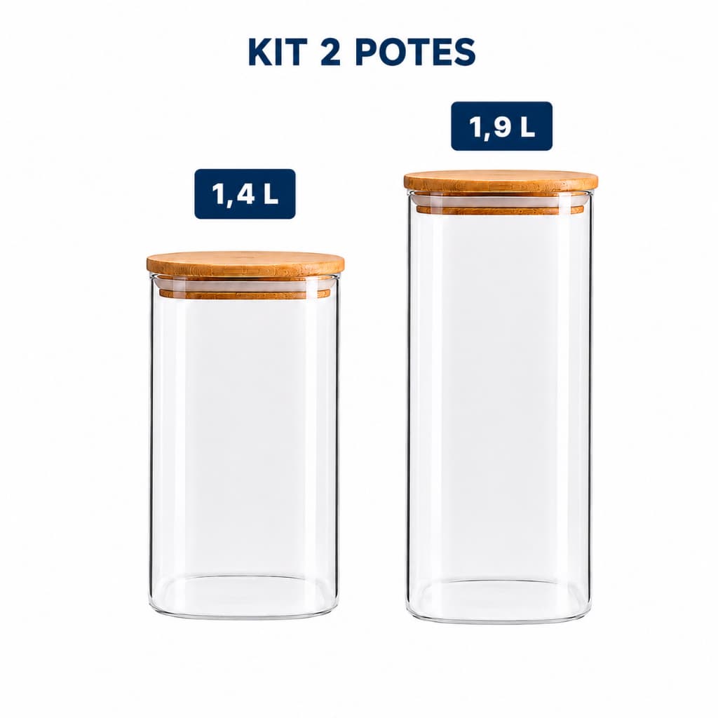 Kit 2 Potes de Vidro Herméticos Quadrados OIKOS com Tampa de Bambu 1.4L + 1.9L