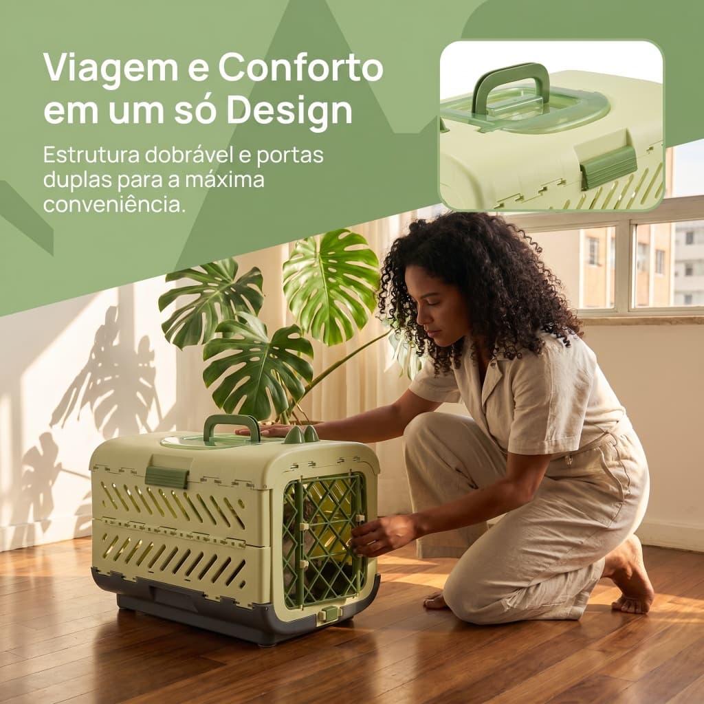 Caixa de Transporte Dobrável para Pets | Design Compacto – Economiza 80% de Espaço | Ventilação 360° com Furos | Dupla P