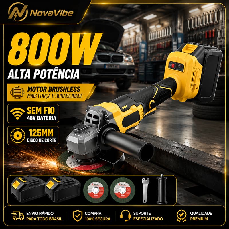 NovaVibe Esmerilhadeira Sem Fio 48V Brushless 800W 125mm com 2 Baterias Alta Potência 10000RPM para Corte e Desbaste