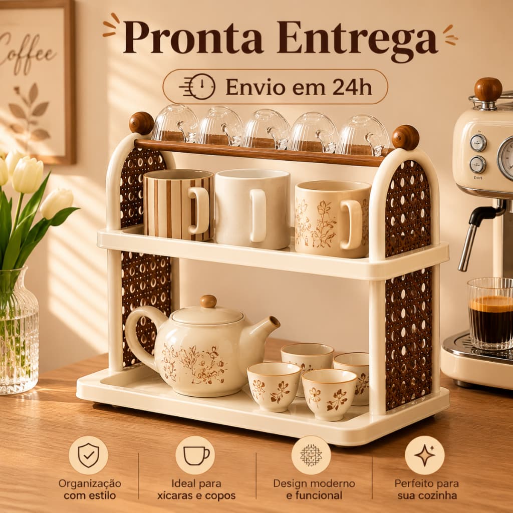 Organizador de Mesa 2 Andares para Xícaras e Canecas, Suporte Plástico Resistente, Para Cozinha, Escritório e Decoração