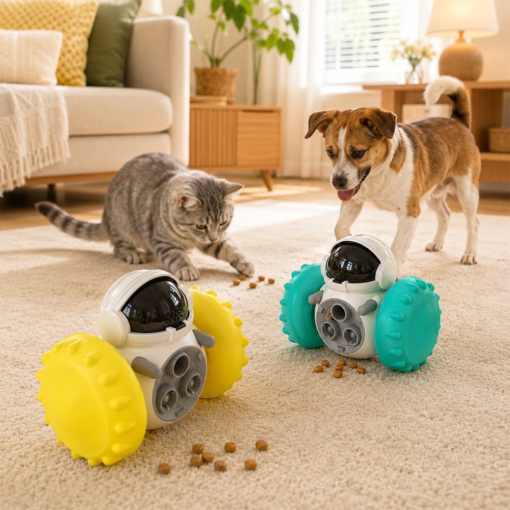 Brinquedo Interativo Pet Robô Porta Ração Dispenser de Petiscos para Cachorro e Gato Anti Tédio