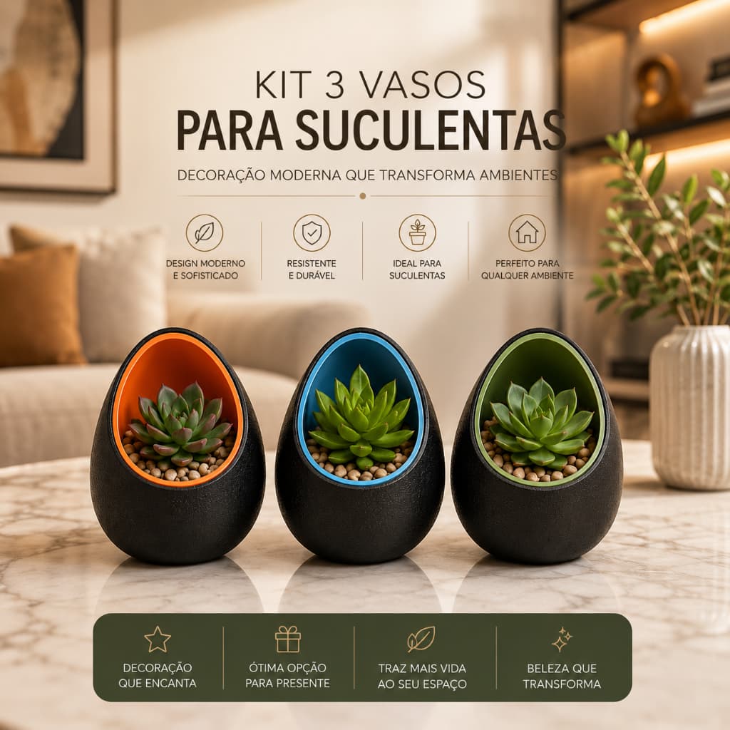 Kit 3 Vasos Decorativos Gota para Suculentas