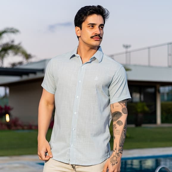 Camisa Social Masculina Manga Curta 100% Algod茫o Trama Linho Slim Fit