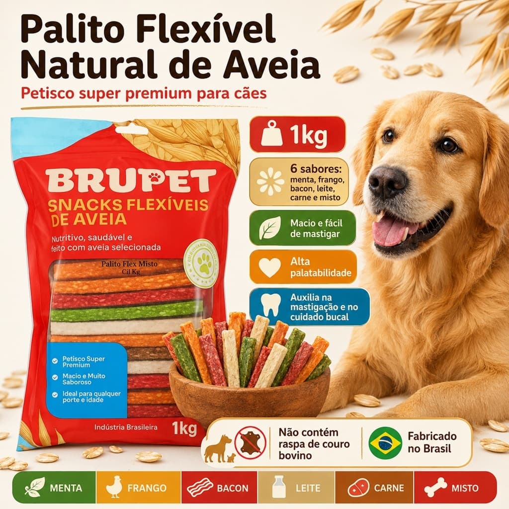 Petisco Palito Mastigável Flexível Cães Cachorro Natural 1kg Ossinho Bifinho Canino Pet