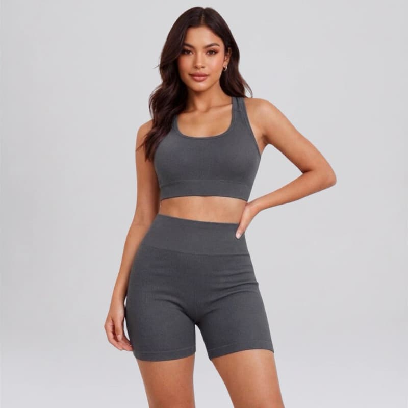 Conjunto Fitness Feminino Canelado Sem Costura Top Nadador + Short Cintura Alta Academia Treino Casual Premium