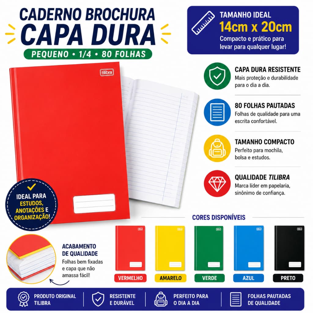 Caderno Brochura Capa Dura  Pequeno 1/4  80 Folhas Tilibra 14cm x 20cm