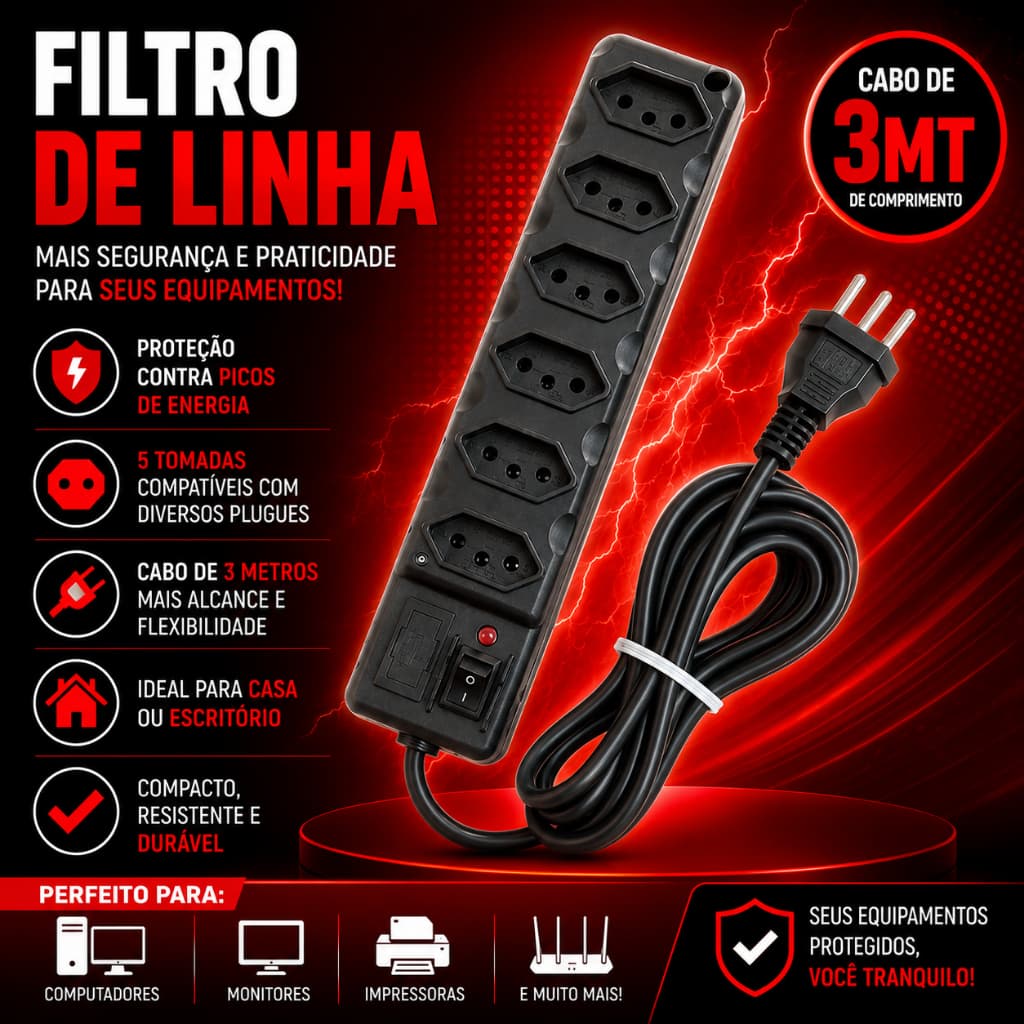 Filtro de Linha 5 Tomadas, Protetor de Energia 10a Bivolt Preto Fusível Tripolar Cabo 3 MTS