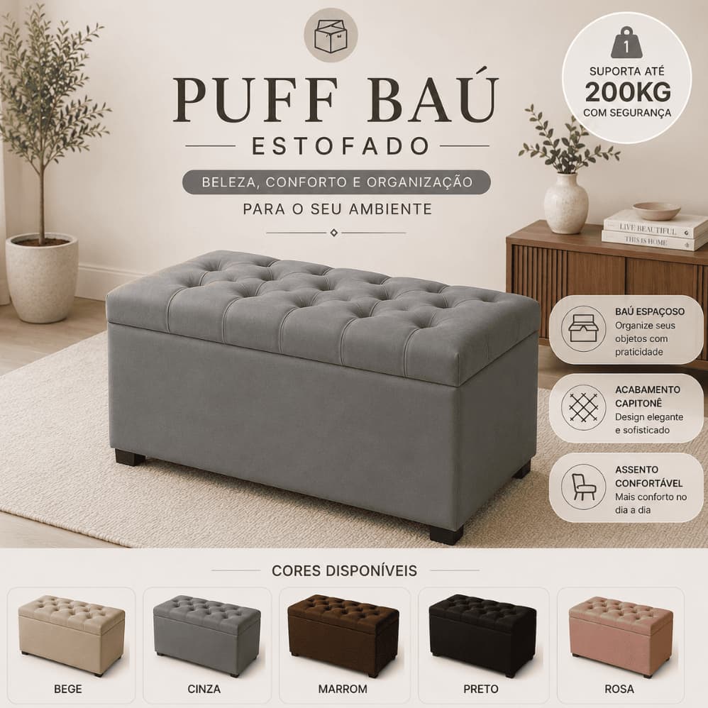 PUFF BAÚ ESTOFADO 90CM CAPITONÊ SUEDE ORGANIZADOR OBJETOS BRINQUEDOS ROUPAS SAPATOS QUARTO SALA CASA