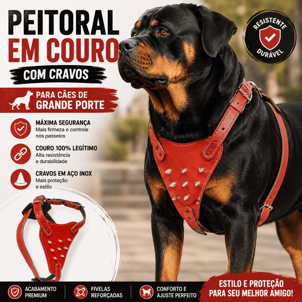 Peitoral de Couro para Cachorro Grande com Cravos em Inox Reforçado Ajustável