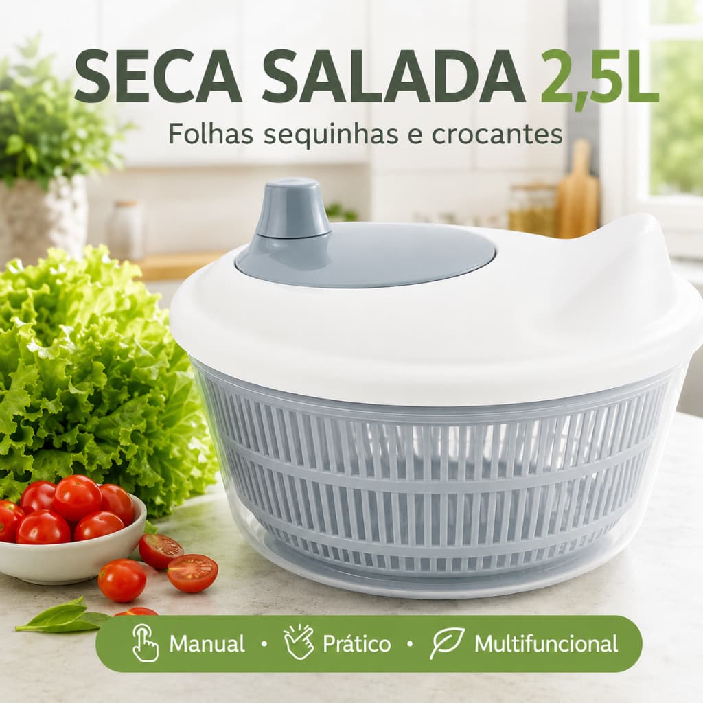 Seca Salada Manual 2,5L Centrífuga para Folhas Frutas e Verduras com Cesto Removível