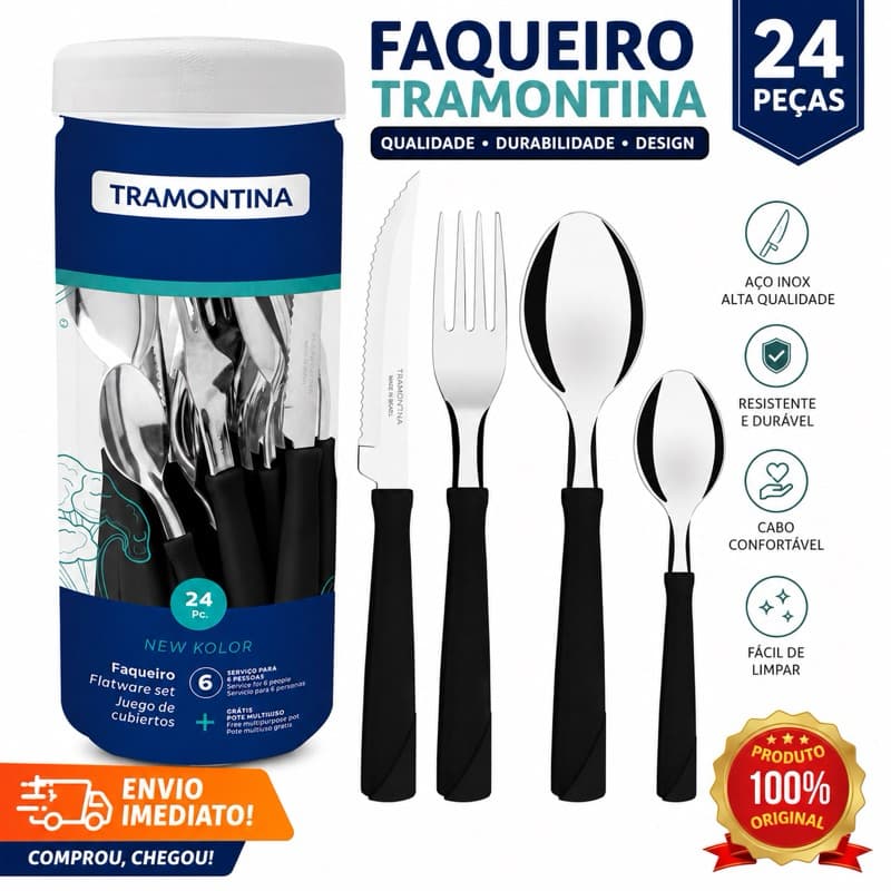 Faqueiro Tramontina New Kolor 24 Peças Aço Inox Cabo Preto Original